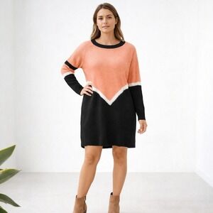 LuLaRoe Lauren Sweater Dress M Faux Cashmere Peach Black Colorblock Knit Casual